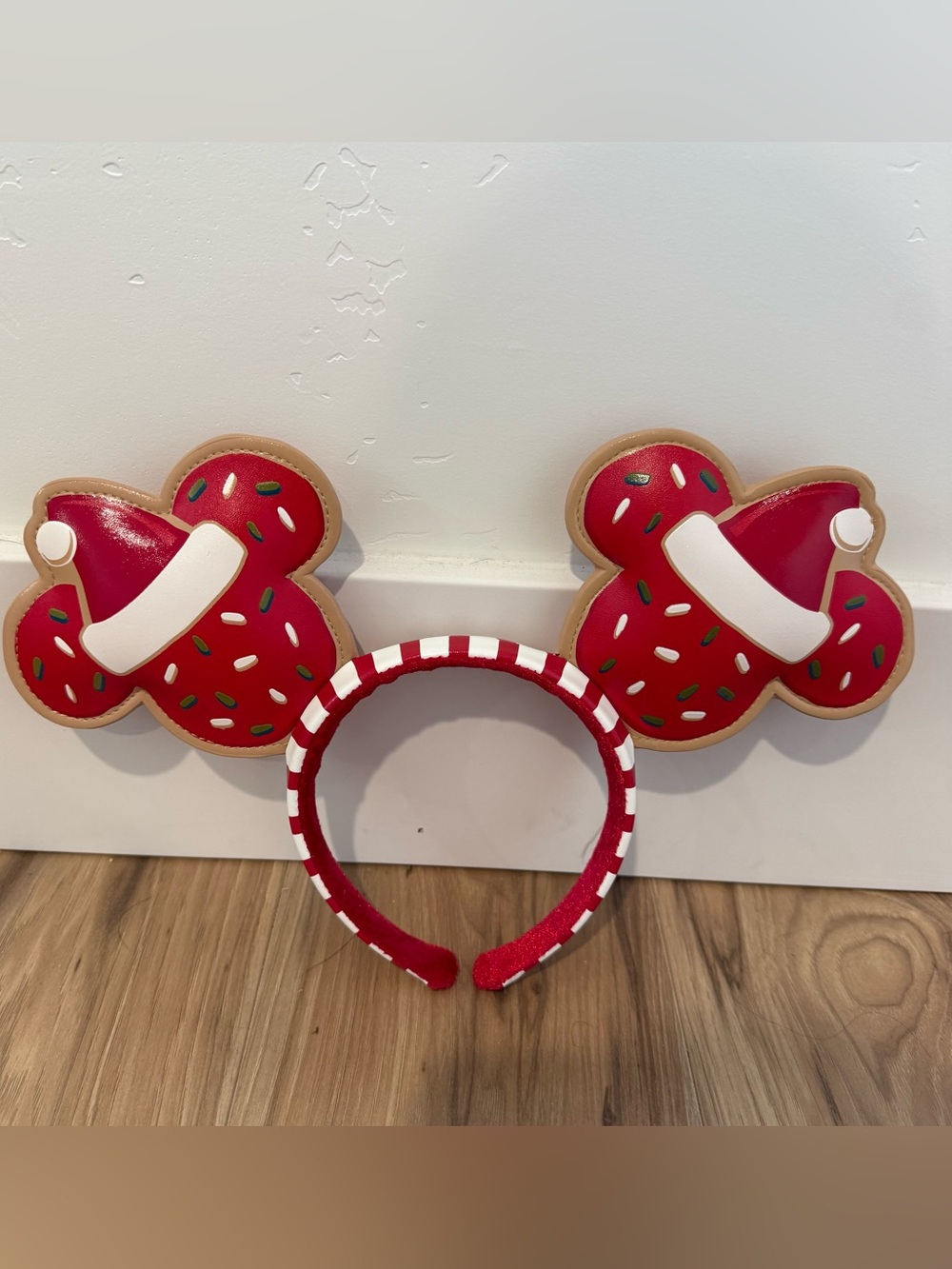 Disney Parks Red Gingerbread Mickey Ear Headband Christmas Stripes Santa Hat
